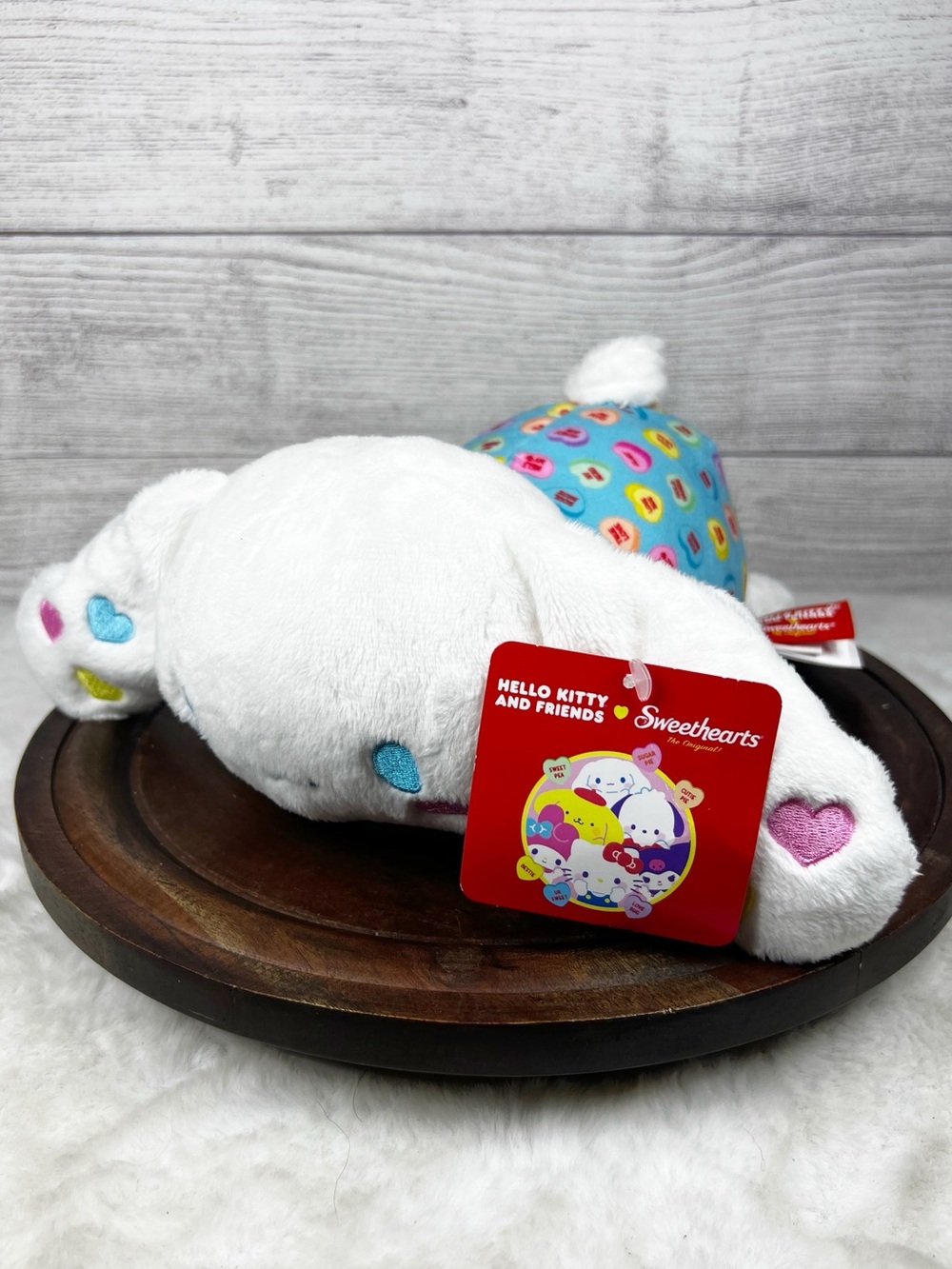 Sanrio Cinnamoroll Plush with Sweethearts Candy Heart Print Fabric NWT